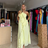 SIERRA DARIEN (fluorescent yellow) Pleated Halter Maxi Dress With Cascading Ruffle