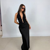 MISHA (black) Celine satin rouged halter gown