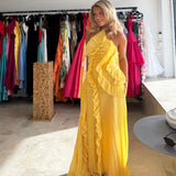 SIERRA DARIEN (yellow) Pleated Halter With Cascading Ruffle Maxi