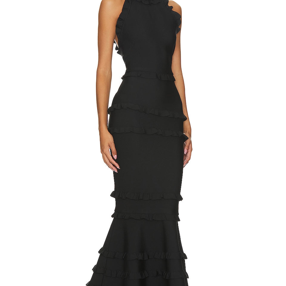 ELLIATT (black) Theatrical halter frill gown