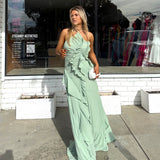 SIERRA DARIEN (sage green) Pleated Halter With Cascading Ruffle Maxi