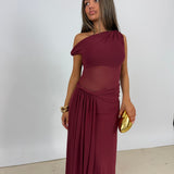 MISHA (wine/burgundy) Sisal one shoulder mesh maxi