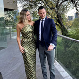 CAMILA COELHO (green/silver) Isaura halter sequin maxi