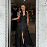 CUSTOM MADE (black) drape halter gown