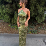 CAMILA COELHO (green/silver) Isaura halter sequin maxi