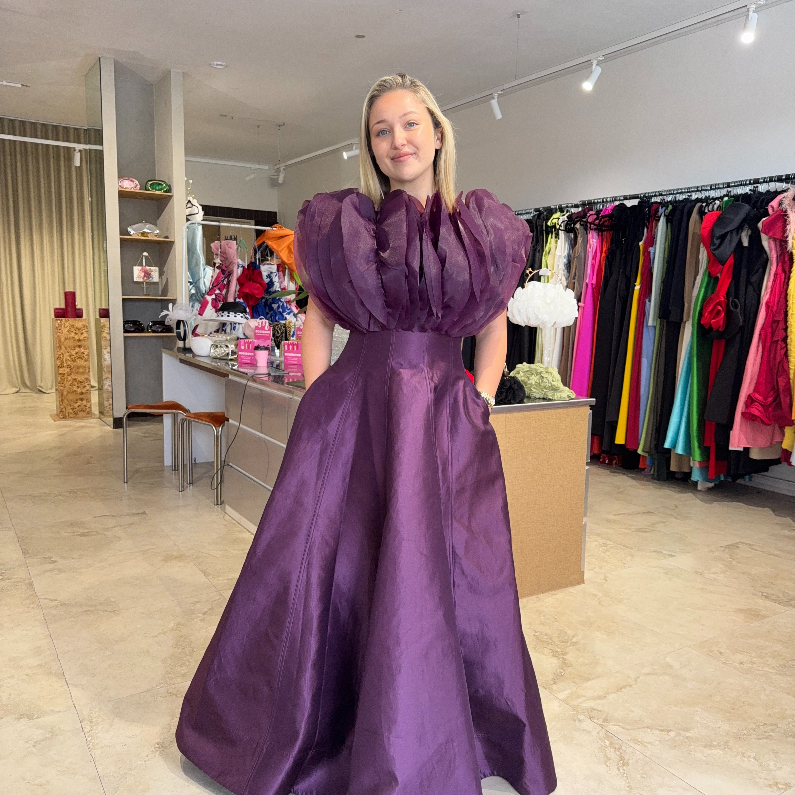acler purple dress Fleeden Draped Low-back Satin Maxi Dress