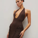 HEIRESS BEVERLY HILLS (brown) Sculpting scuba mesh halter maxi