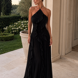 SIERRA DARIEN (black) Pleated Halter With Cascading Ruffle Maxi