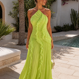 SIERRA DARIEN (bright green) Pleated Halter With Cascading Ruffle Maxi