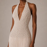 CUSTOM MADE (pearl / ivory) Lucy Fringe Halter Maxi