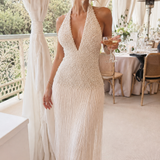 CUSTOM MADE (pearl / ivory) Lucy Fringe Halter Maxi