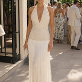 CUSTOM MADE (pearl / ivory) Lucy Fringe Halter Maxi