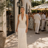 CUSTOM MADE (pearl / ivory) Lucy Fringe Halter Maxi