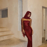 FAIT PAR FOUTCH (ruby red) Elizabeth sequin strapless maxi