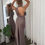 MISHA (khaki) CONSTANTINA SATIN HALTER GOWN