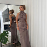 MISHA (khaki) CONSTANTINA SATIN HALTER GOWN