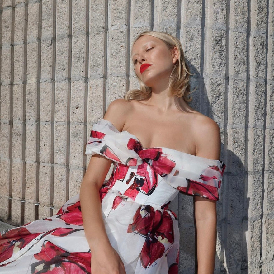 AJE (pink/white) Cordelia corseted floral off the shoulder gown