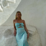 HNTR THE LABEL (blue) Inka strapless cut out silk gown