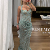 VLORA AND KALTRINA (mint) Ester Lace Halter Gown