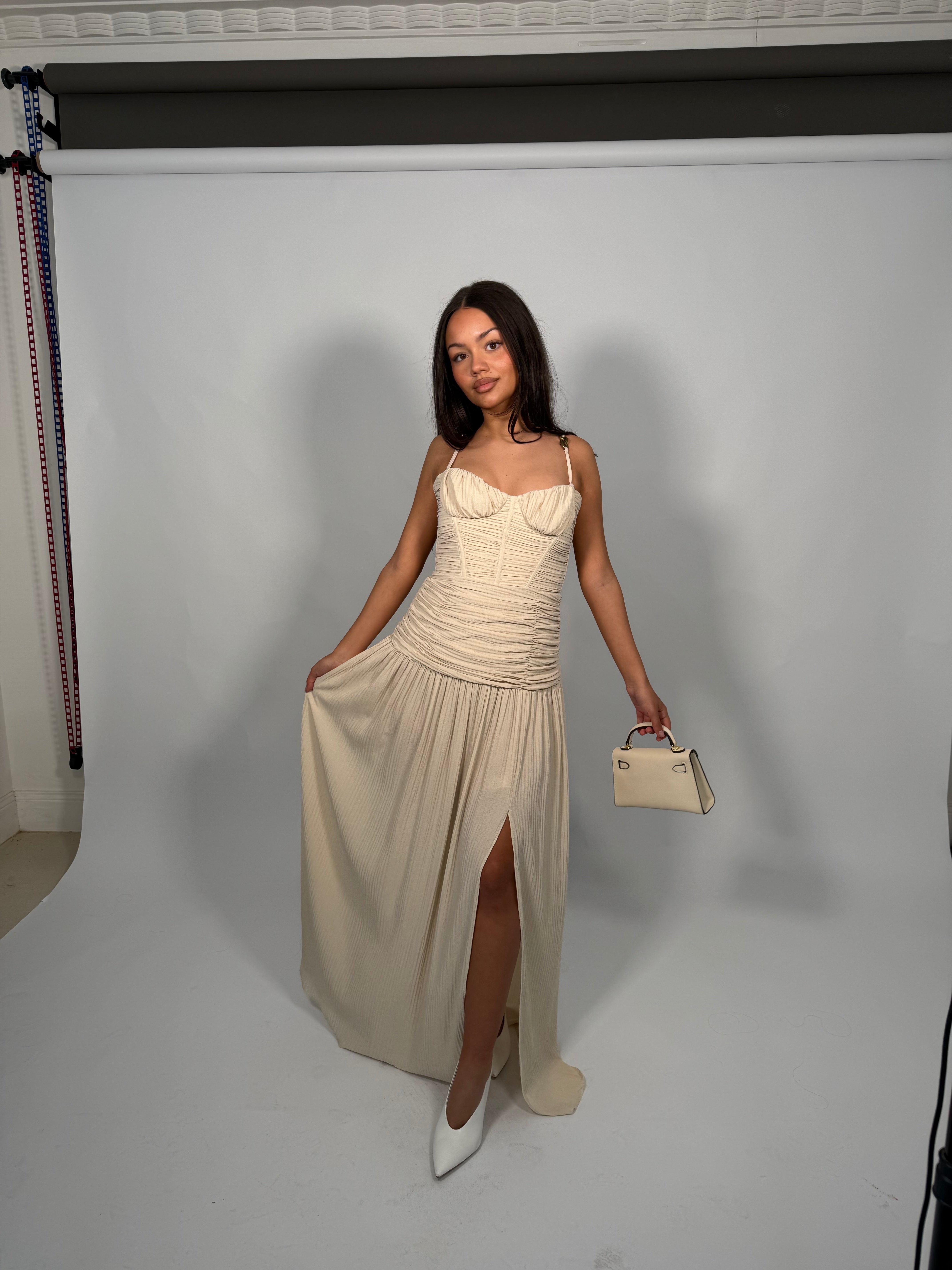 MANNING CARTELL (beige/cream) Double Time Pleat gown | Rent My Style Boutique MANNING CARTELL (beige/cream) Double Time Pleat gown | Rent My Style Boutique