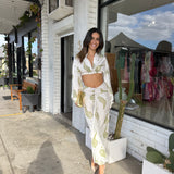 CHRISTOPHER ESBER Palm Tree Silk Ruched Skirt Set (White)