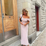 REALISATION PAR (red/white) Claudia polka dot frill off shoulder midi