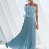 LIDEE (blue) Masquerade strapless pleated maxi