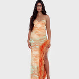 MELROSE HAUS (sorbet/orange/green) Selina Feather Split Gown