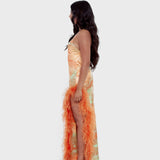 MELROSE HAUS (sorbet/orange/green) Selina Feather Split Gown