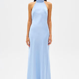 MISHA (baby blue) Evianna Bow Backless Satin Gown