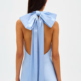 MISHA (baby blue) Evianna Bow Backless Satin Gown