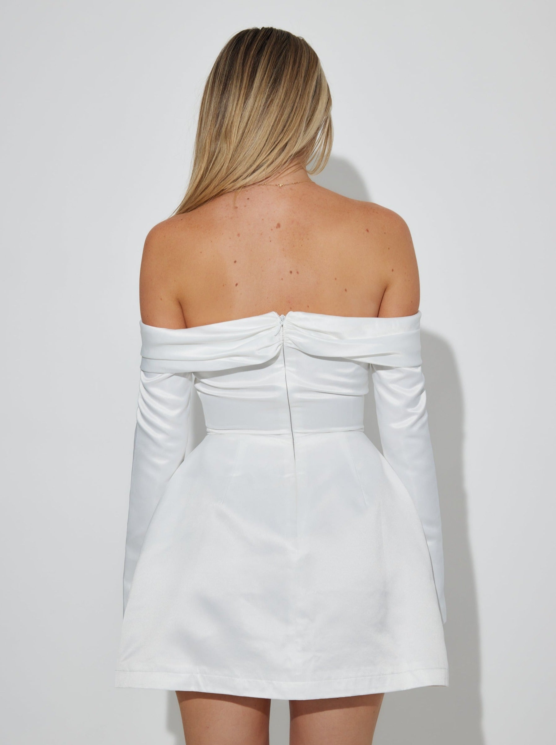 ODD MUSE LONDON (white) Satin Bardot long sleeve off shoulder mini | Rent My Style Boutique ODD MUSE LONDON (white) Satin Bardot long sleeve off shoulder mini | Rent My Style Boutique