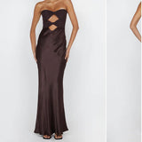 BEC AND BRIDGE (brown) Halle strapless mesh/silk gown