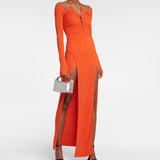 DION LEE (orange/red) Mobius slit long sleeve halter neck maxi