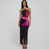 RAT AND BOA (black/pink flower) Pascala Black Iris halter maxi