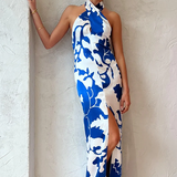 SIR THE LABEL (blue/white) Esme halter silk maxi
