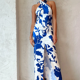 SIR THE LABEL (blue/white) Esme halter silk maxi