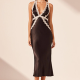 SHONA JOY (black) Camille satin white lace midi