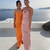 RACHEL GILBERT (baby pink) Ayla ruched halter neck gown