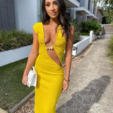 CHRISTOPHER ESBER Three Crystal Solace Ruched Tank Dress (Yellow)