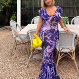 RAT AND BOA (purple) Lucielle floral frill shortsleeve gown