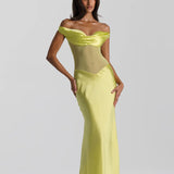 NATALIE ROLT (lime) Gwyneth silk off shoulder maxi