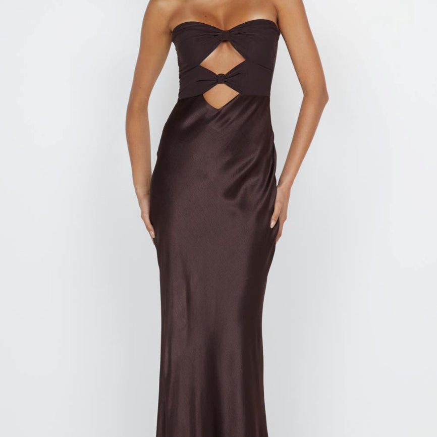BEC AND BRIDGE (brown) Halle strapless mesh/silk gown | Rent My Style Boutique BEC AND BRIDGE (brown) Halle strapless mesh/silk gown | Rent My Style Boutique