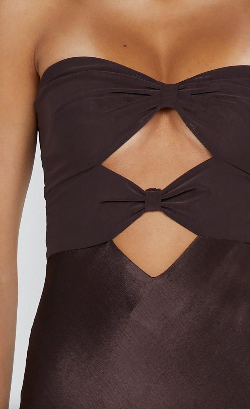 BEC AND BRIDGE (brown) Halle strapless mesh/silk gown
