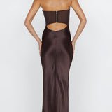 BEC AND BRIDGE (brown) Halle strapless mesh/silk gown