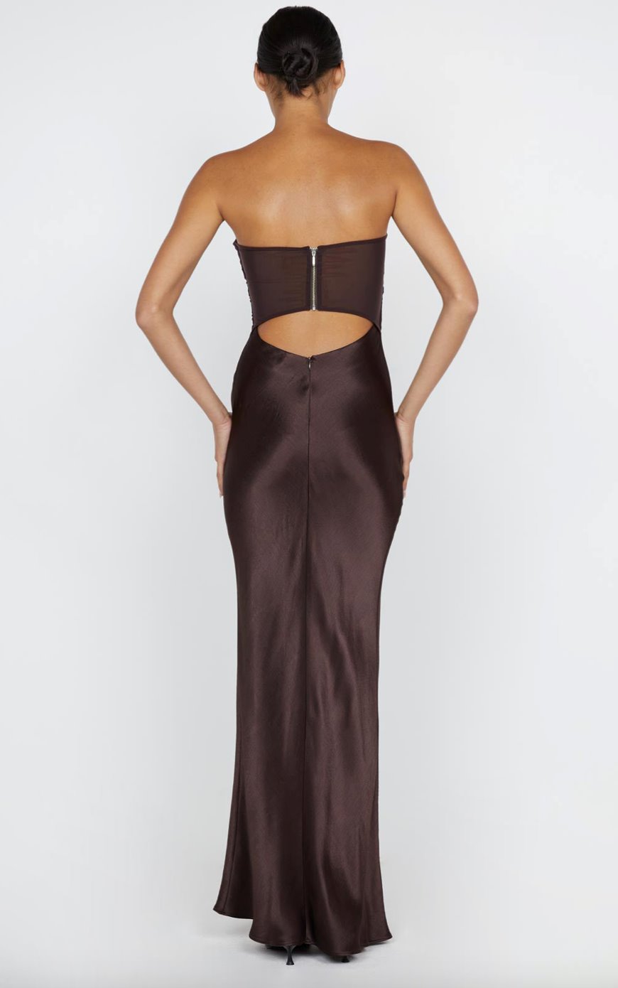 BEC AND BRIDGE (brown) Halle strapless mesh/silk gown