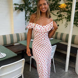 REALISATION PAR (red/white) Claudia polka dot frill off shoulder midi