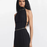 DION LEE (black) Silver Chain Trim High Neck Pleated Midi