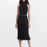 DION LEE (black) Silver Chain Trim High Neck Pleated Midi