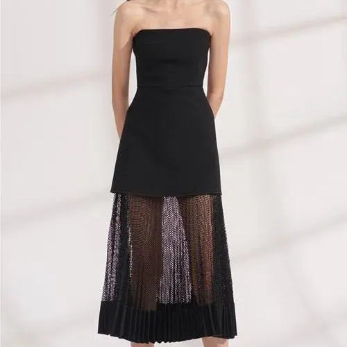 DION LEE (navy) Net Pleat Strapless Dress